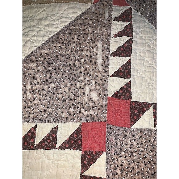 Antique 1920's Lady of the Lake Quilt Large Square Brown Red Hand Stitched Old - Picture 6 of 12